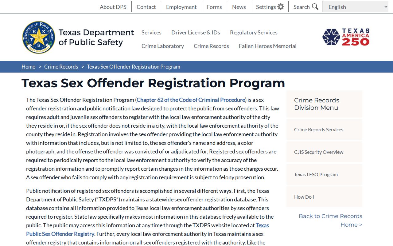 Texas DPS registration program information for Callahan County sex offender records